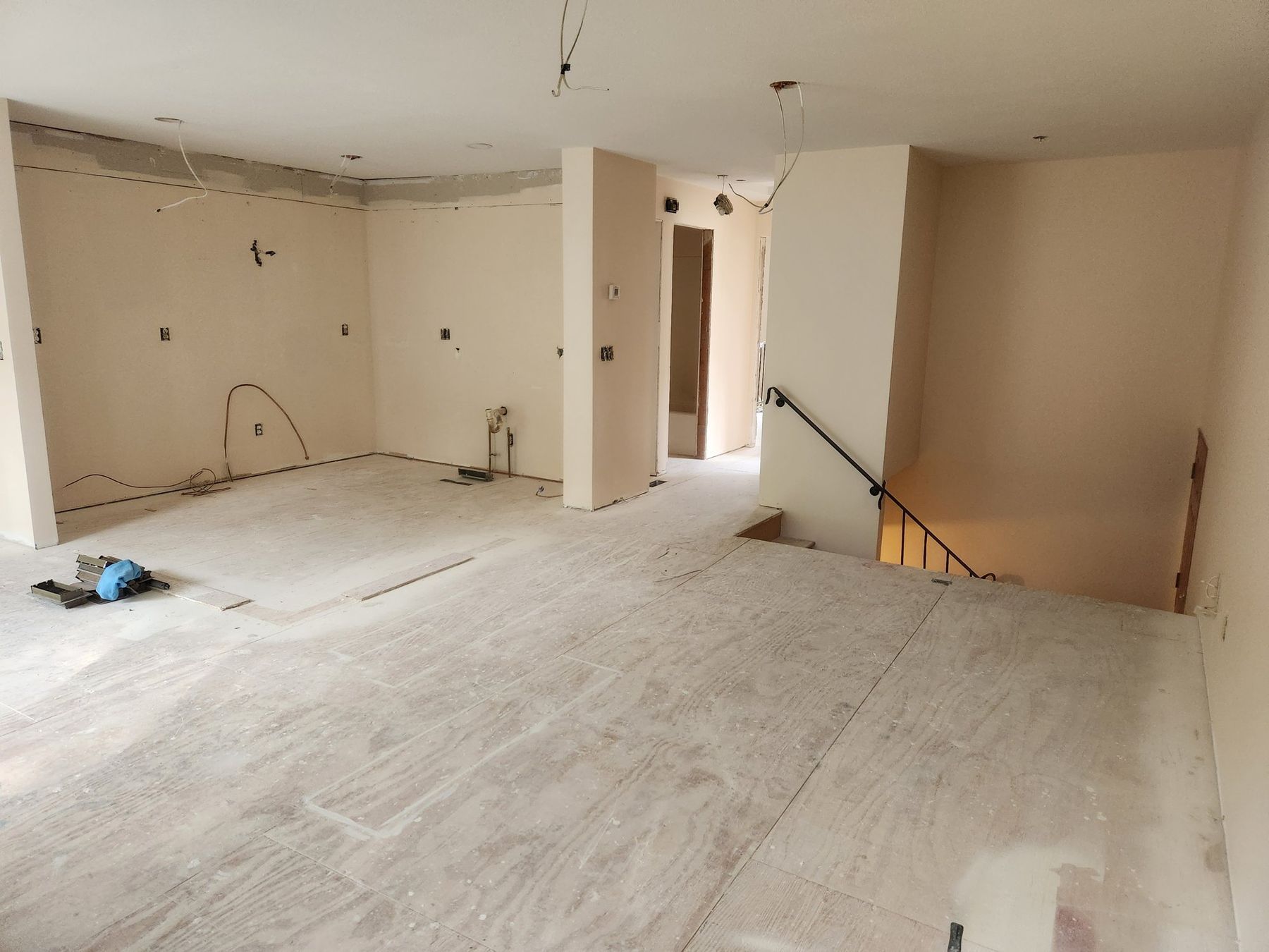 Kitchen area primed after the soffit and uppers came out