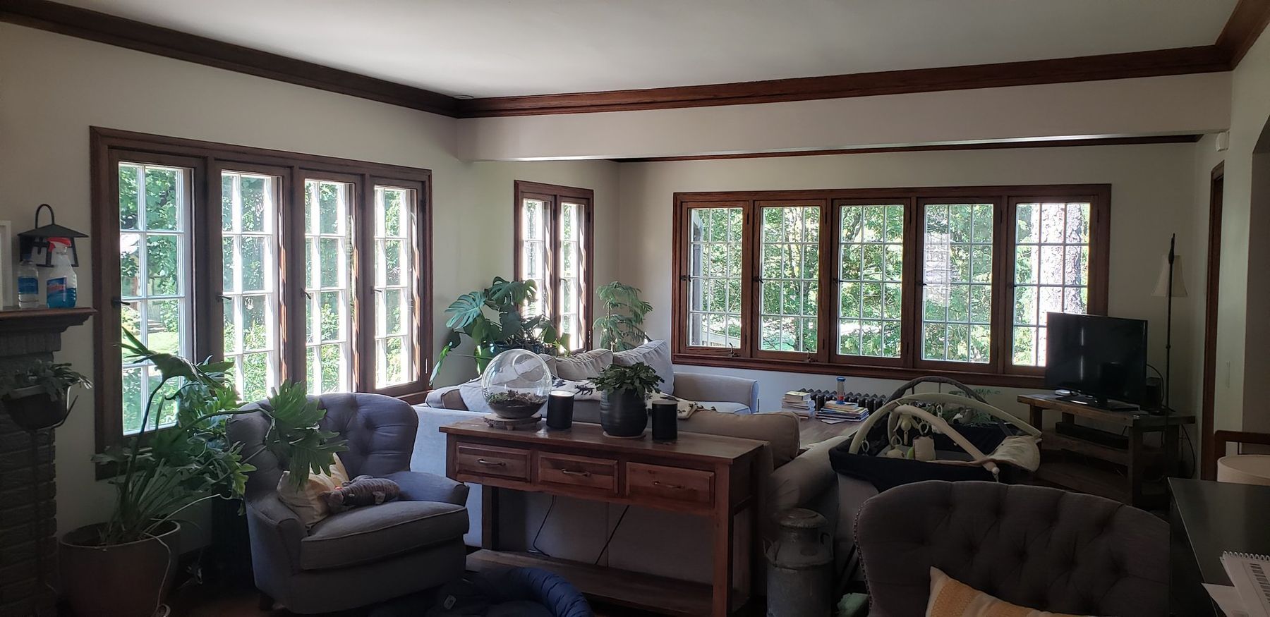 Refinished windows across the living room