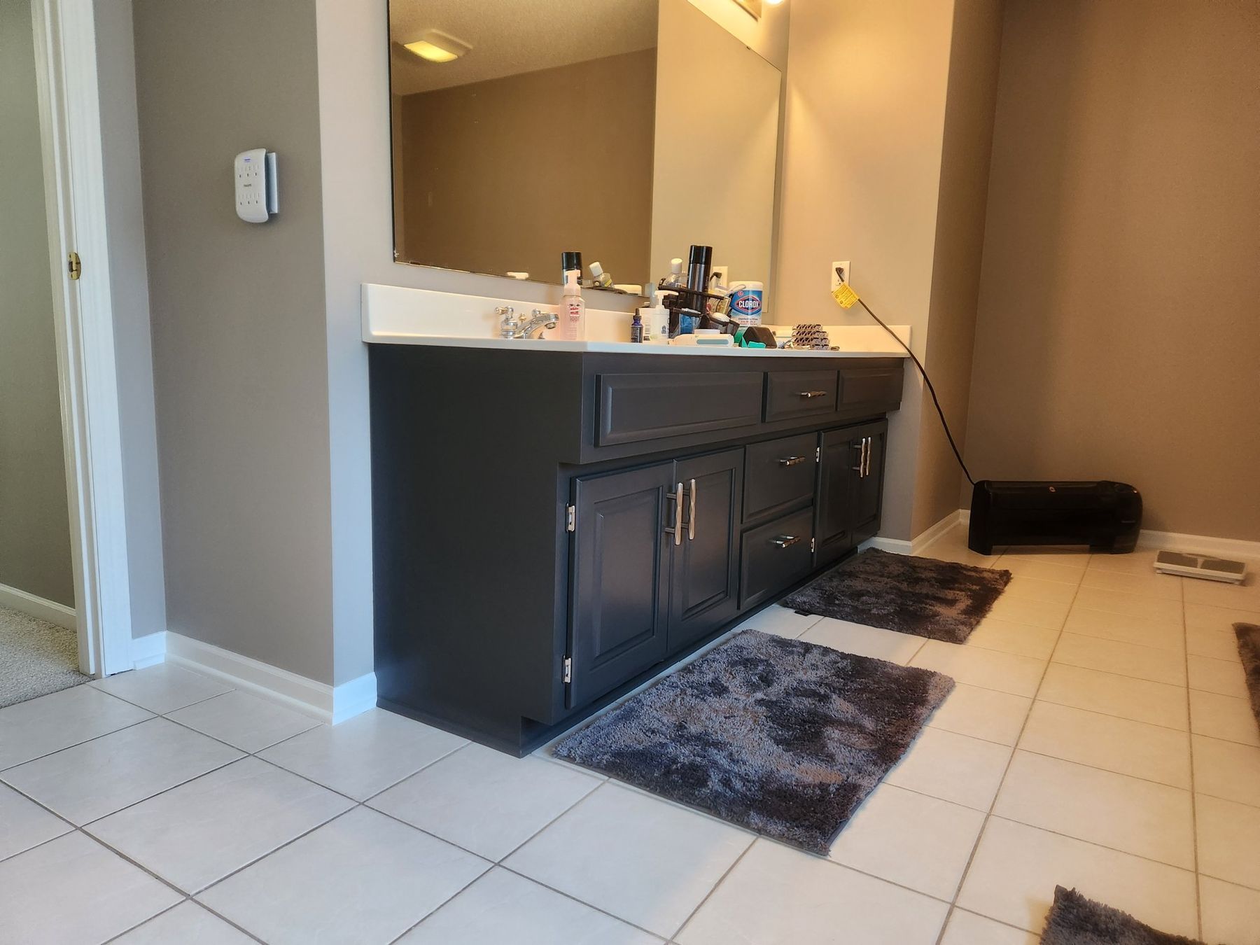 After: Primary vanity: golden oak to dark charcoal enamel
