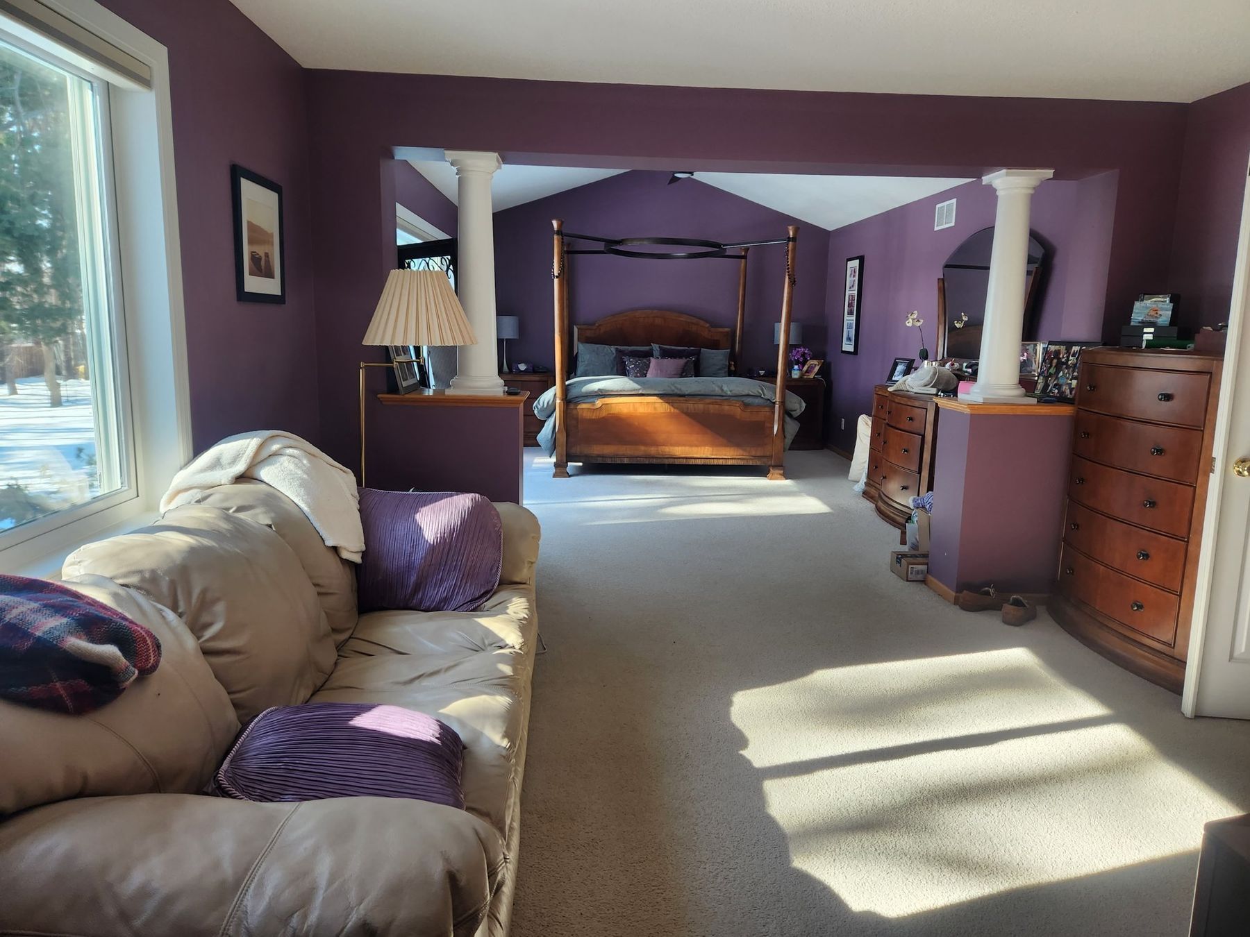 Before: Bedroom: deep plum walls repainted light gray