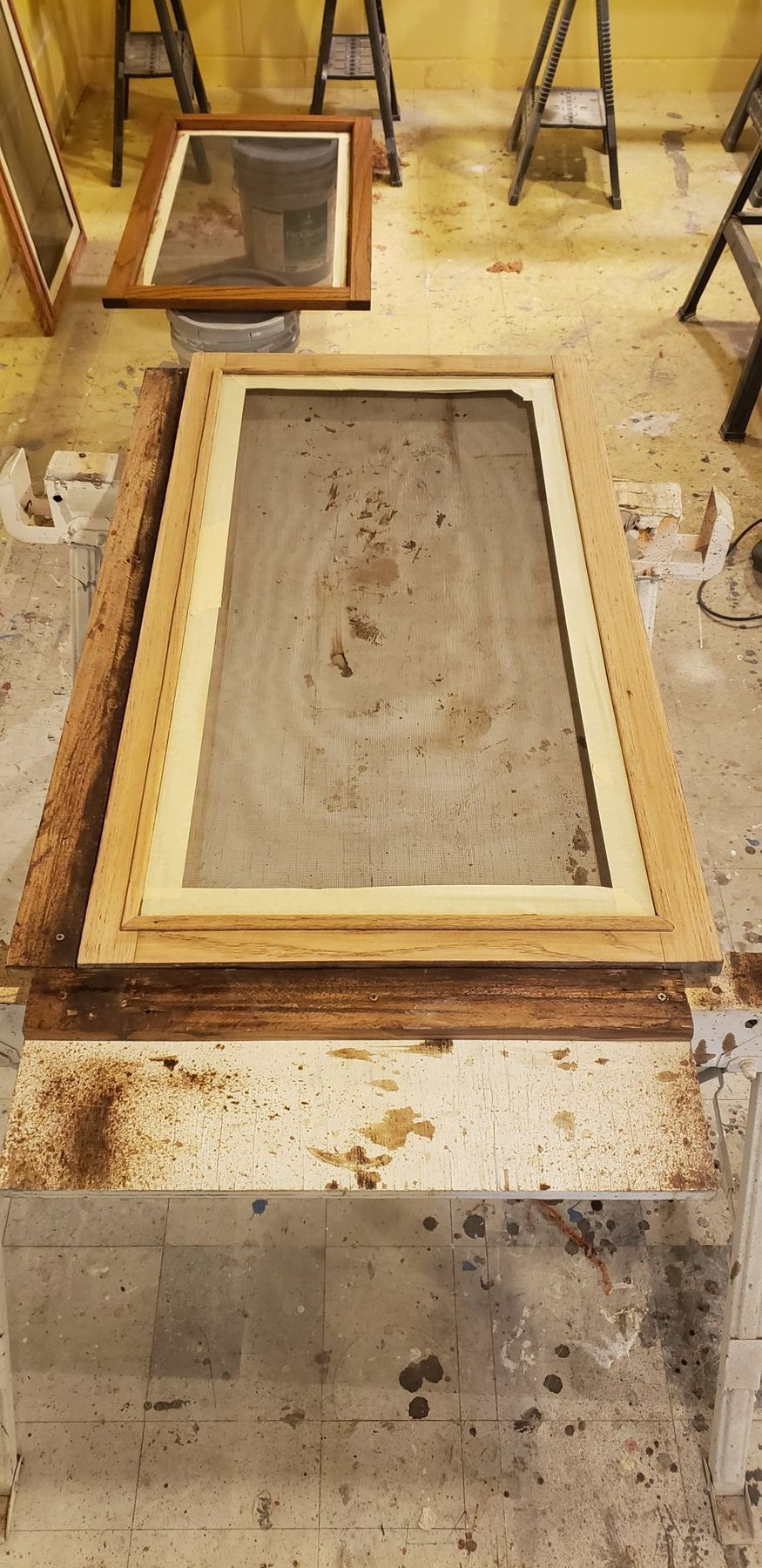 Stripped sash on the bench before staining